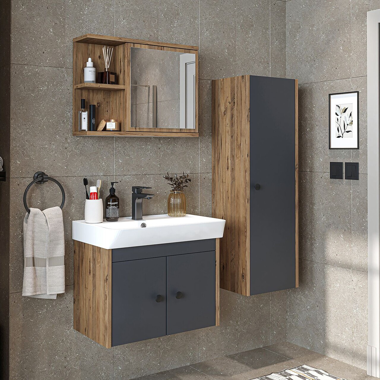 Set Dulap de Baie cu Chiuvetă și Oglindă (3 Piese), Hanah Home, 2871, PAL MELAMINAT, Pin Atlantic / Antracit