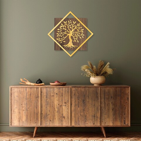 Decoratiune de perete, tree v2, 50% lemn/50% metal, dimensiune: 54 x 54 cm, nuc / aur