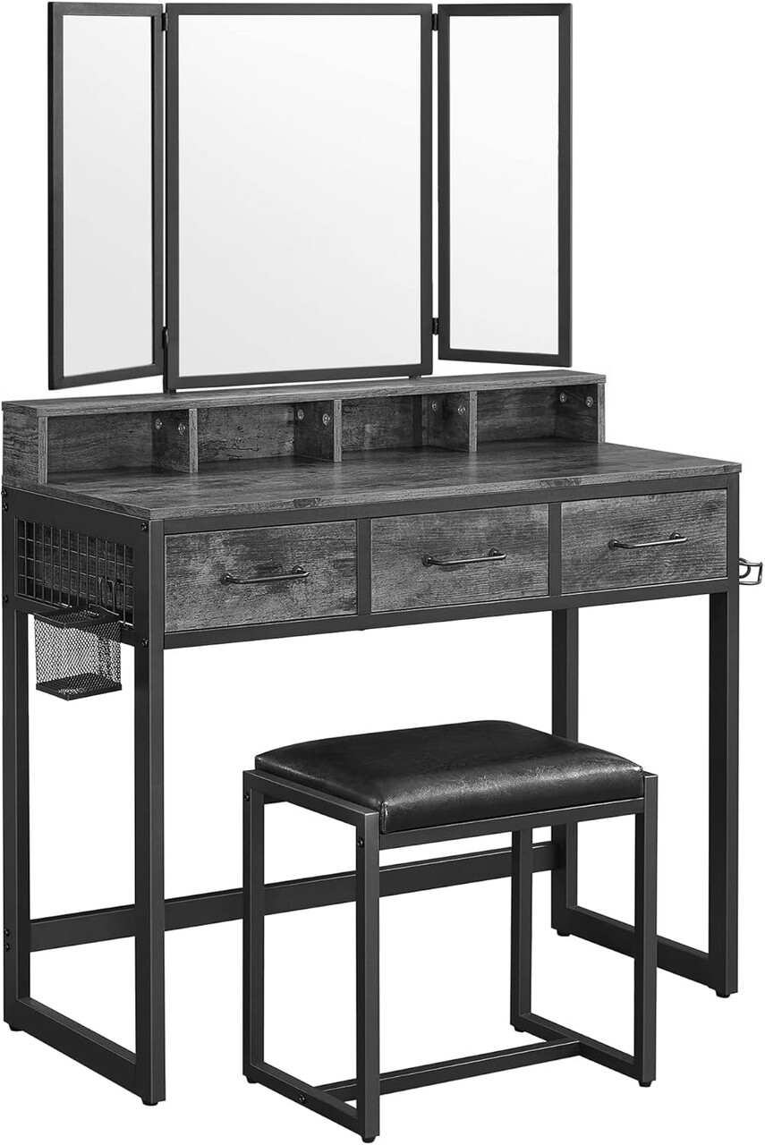 Masa de toaleta cu oglinda si taburet / masuta dressing, Vasagle Industrial, 90x40x141 cm, PAL/oglinda, maro - 1 | YEO