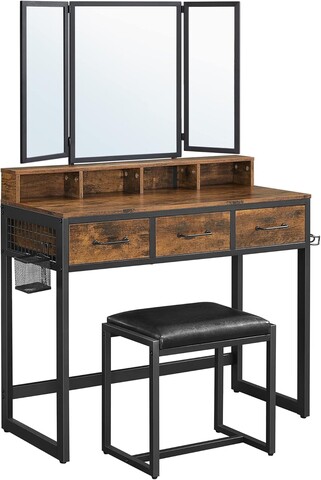 Masa de toaleta cu oglinda si taburet / masuta dressing, Vasagle Industrial, 90x40x141 cm, PAL/oglinda, maro
