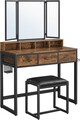 Masa de toaleta cu oglinda si taburet / masuta dressing, Vasagle Industrial, 90x40x141 cm, PAL/oglinda, maro