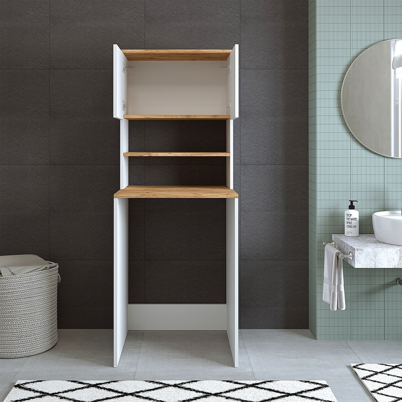 Dulap masina de spalat, Hanah Home, 1712, 65x180.3x60 cm, PAL MELAMINAT, Pin Atlantic / Alb — imaginea 4