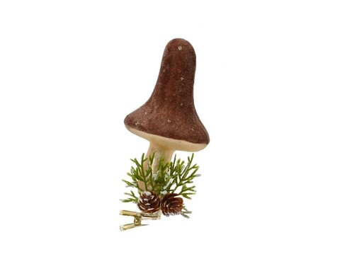 Decoratiune brad cu clips mushroom, decoris, 6x7 cm, sticla, maro