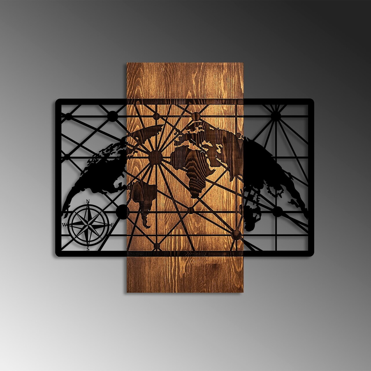 Decoratiune de perete, World Map 5-M, Dimensiuni: 57 x 64 cm, Nuc / Negru — imaginea 4
