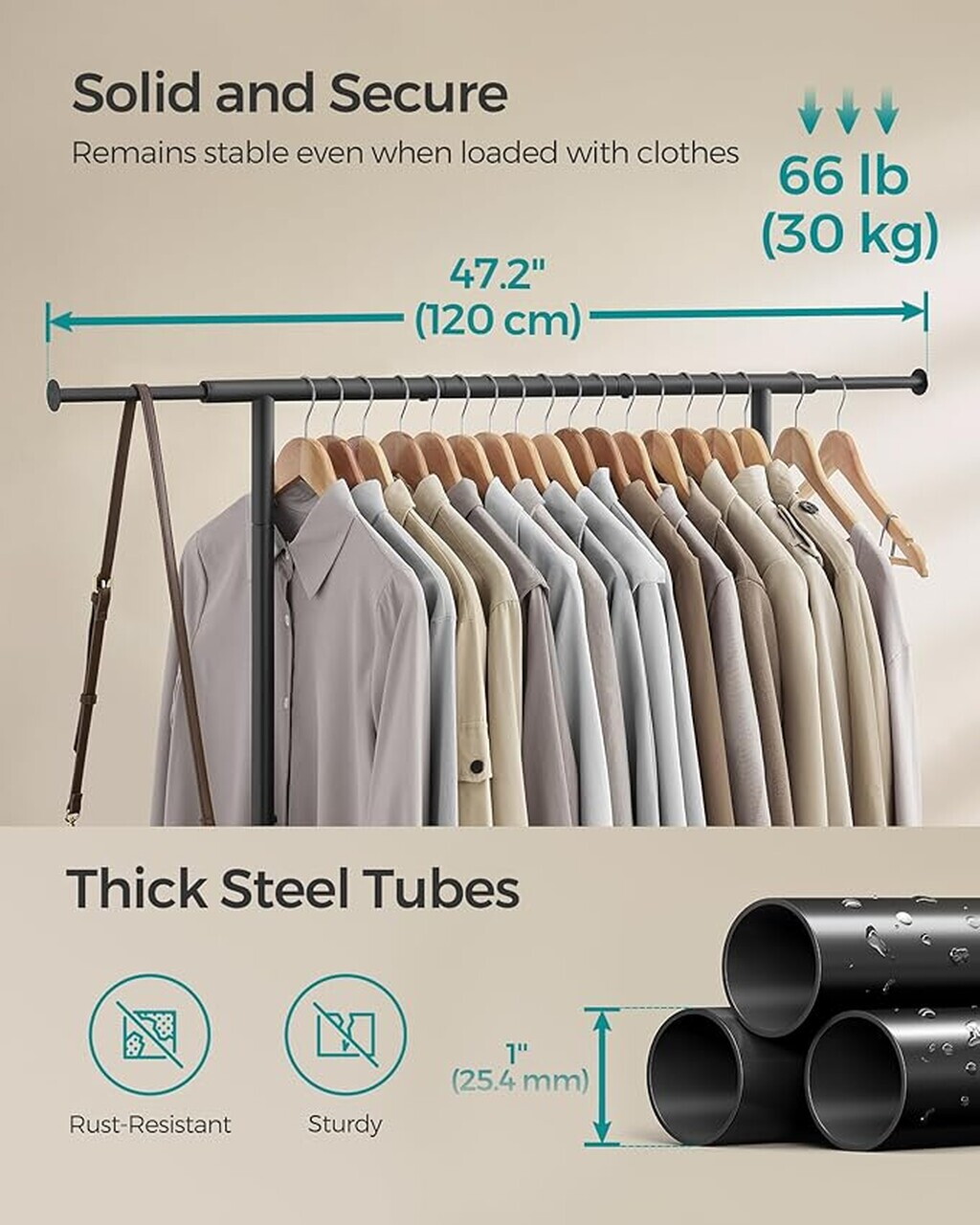 Suport pentru umerase, Songmics, extensibil, cu roti, 120-83x40x156 cm, otel, negru - imagine 3