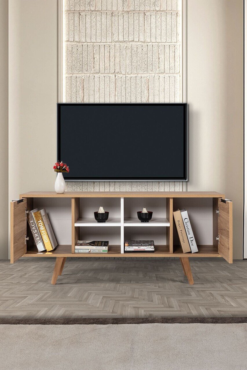 Comoda TV, Hanah Home, Sina 3321, 130x59x35 cm, PAL, Stejar Safir / Alb — imaginea 2