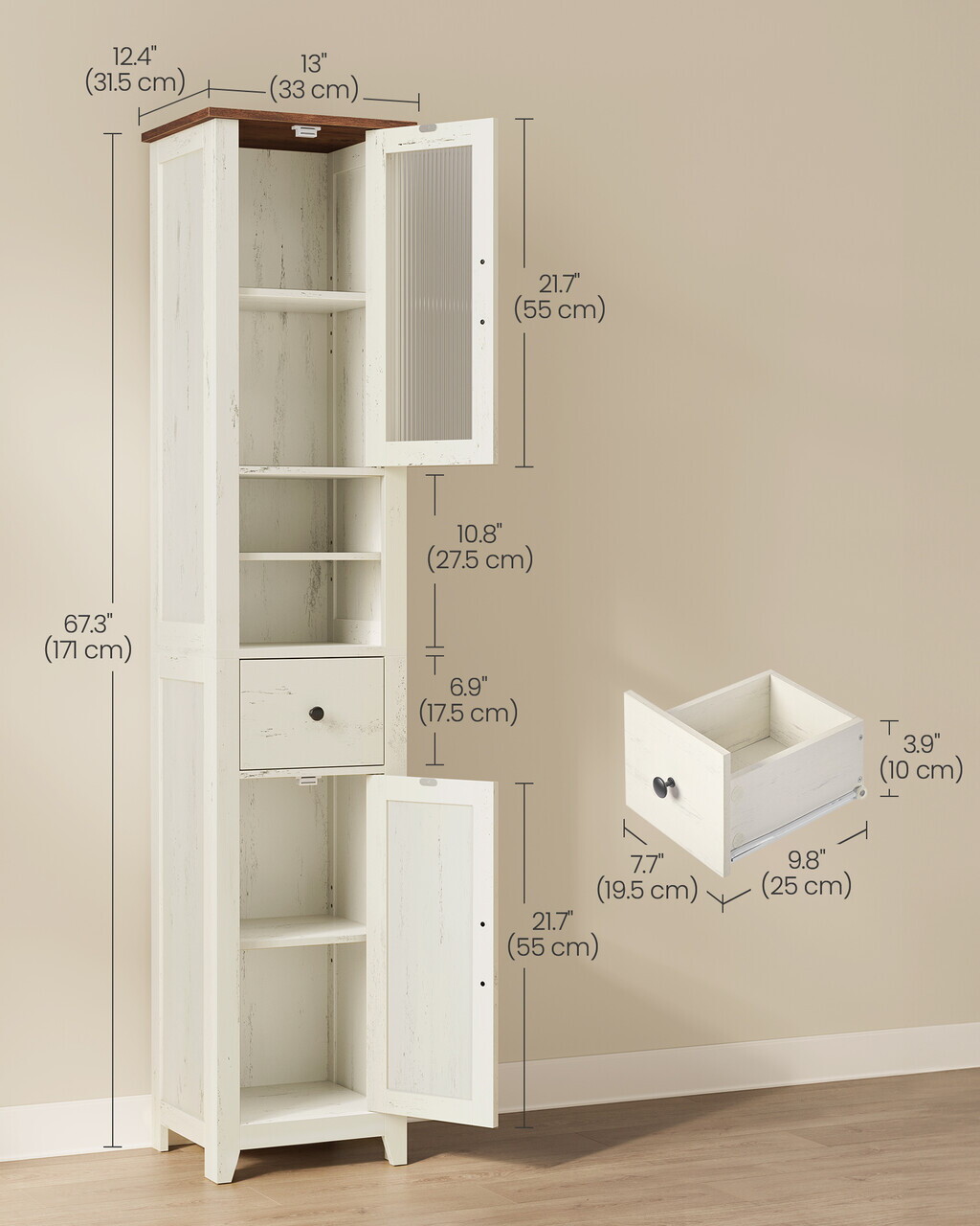 Dulap baie inalt Vasagle Liry, cu sertar si rafturi, 33x31.5x171 cm, MDF/PAL, alb rustic/maro - imagine 6
