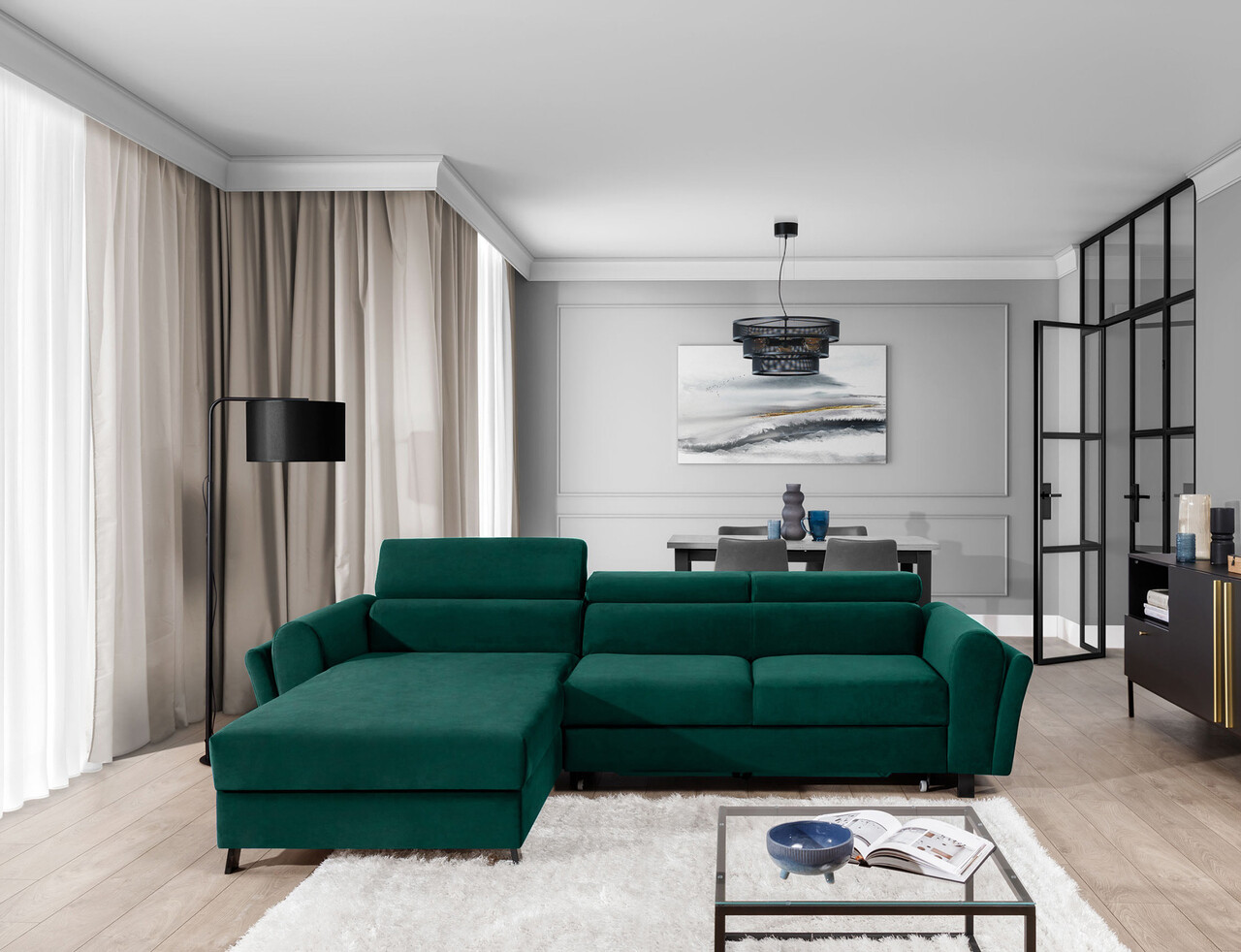 Coltar extensibil stanga 4 locuri ELTAP, Mari-06, Mariall, 288x200x92 cm, lemn/poliester, verde inchis
