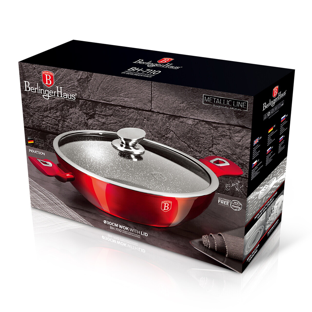 Tigaie Wok cu capac Berlinger Haus, Burgundy, 30 cm, aluminiu forjat, rosu - imagine 3