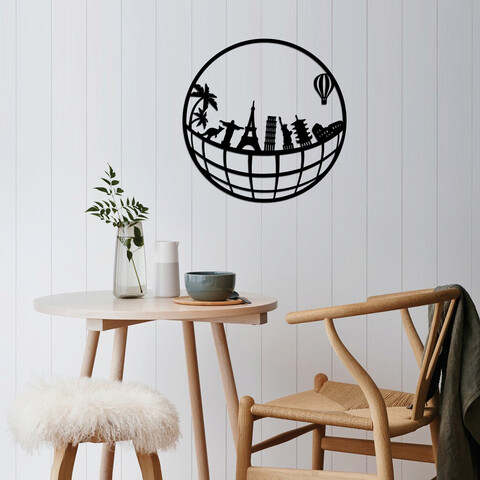 Decoratiune de perete, world map metal decor 5, metal, dimensiune: 48 x 48 cm, negru