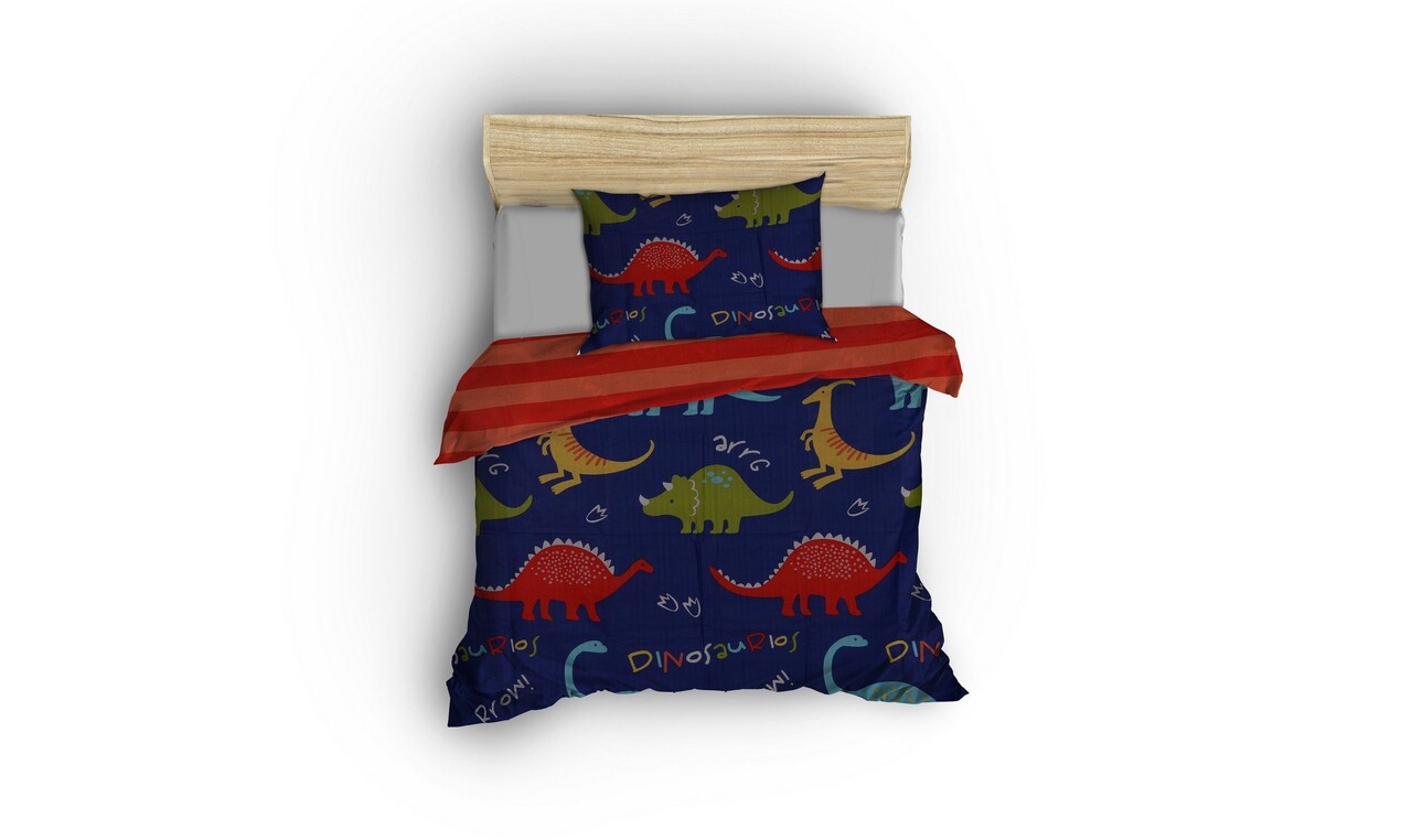 Lenjerie de pat pentru o persoana, Dinazorus - Blue, EnLora Home, 65% bumbac/35% poliester