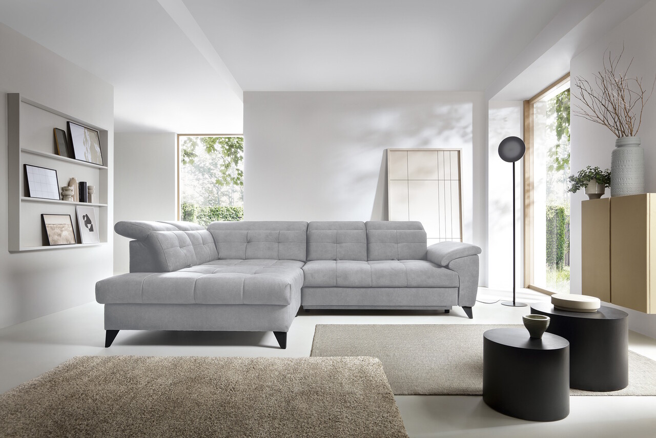 Coltar extensibil stanga 5 locuri ELTAP, LT-04AU, Inferne, 297x210x107 cm, lemn/poliester, gri deschis
