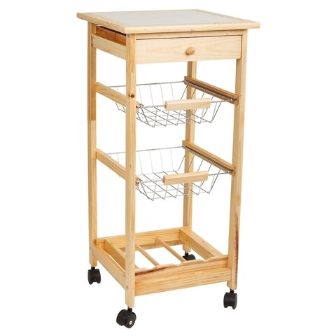 Carucior cu 2 rafturi si suport pentru sticle Creaciones Meng, 37x37x79 cm, lemn de pin