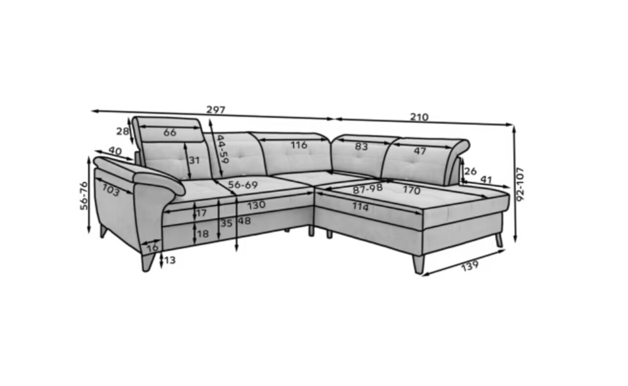 Coltar extensibil stanga 5 locuri ELTAP, LT-04REL, Inferne, 297x210x107 cm, lemn/poliester, gri