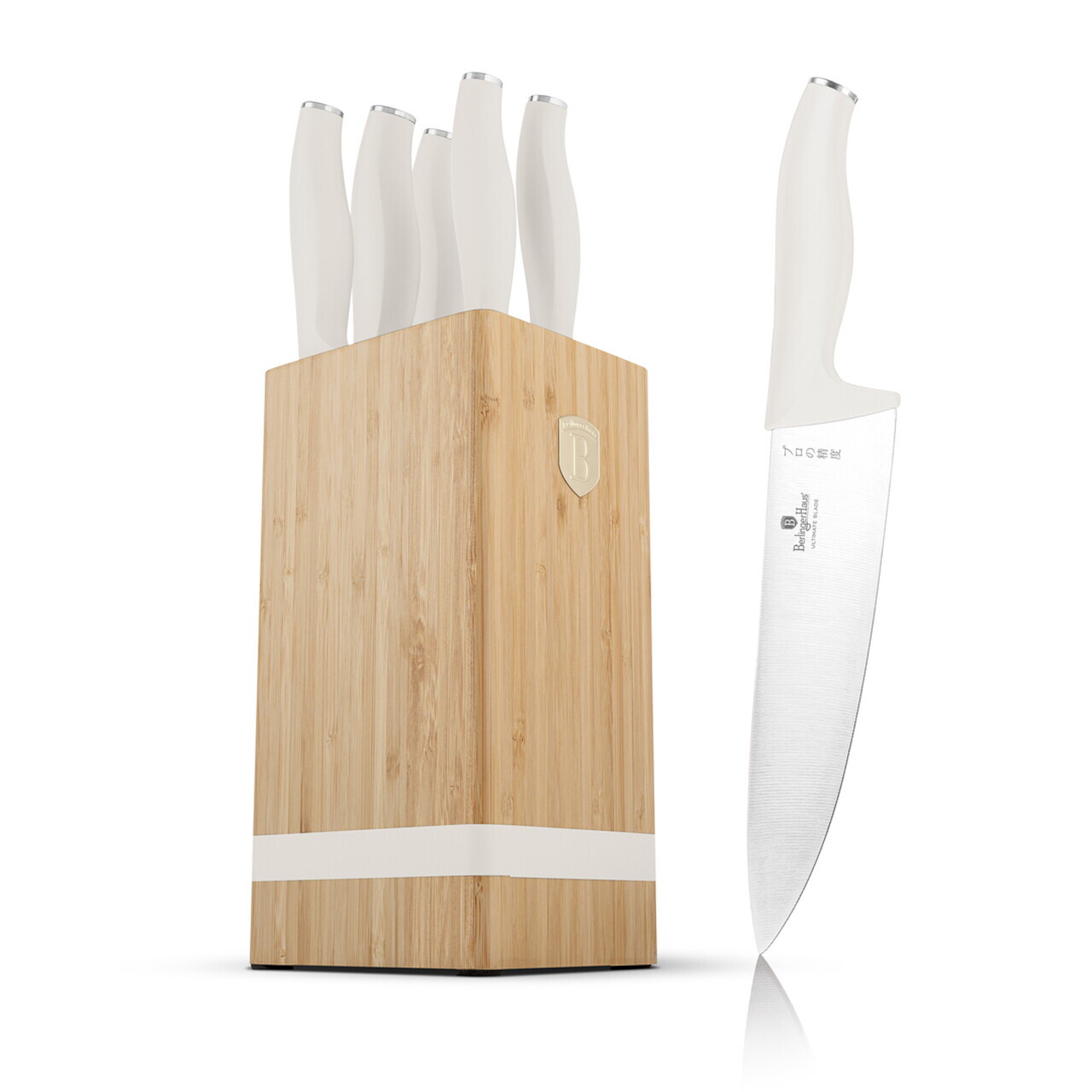 Set 5 cutite cu suport patrat Berlinger Haus, Sahara, inox/bambus, crem mat/natur - imagine 5