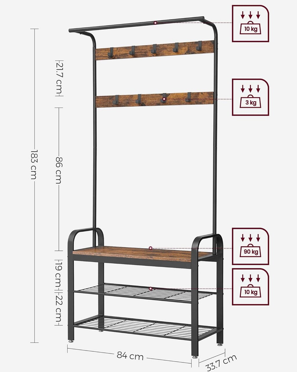 Cuier cu bancheta si pantofar Vasagle, 84 x 33.7 x 183 cm, PAL/fier, maro rustic