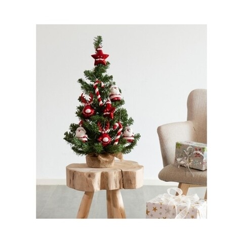 Set mini brad si globuri Santa, Decoris, 35x60 cm, verde/rosu