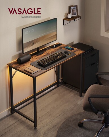 Birou cu priza incorporata si porturi USB, Vasagle, cu lumina LED, 100x50x76 cm, PAL/otel, maro