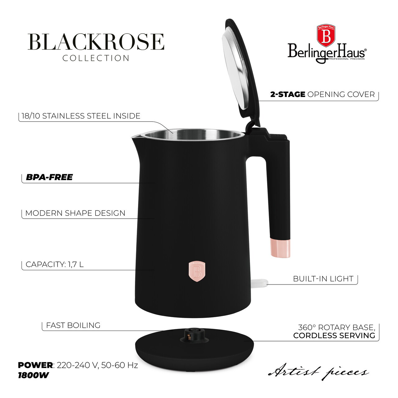 Ceainic electric cu pereti dubli Berlinger Haus, Black Rose, 1.7 L, plastic/inox, negru - imagine 10