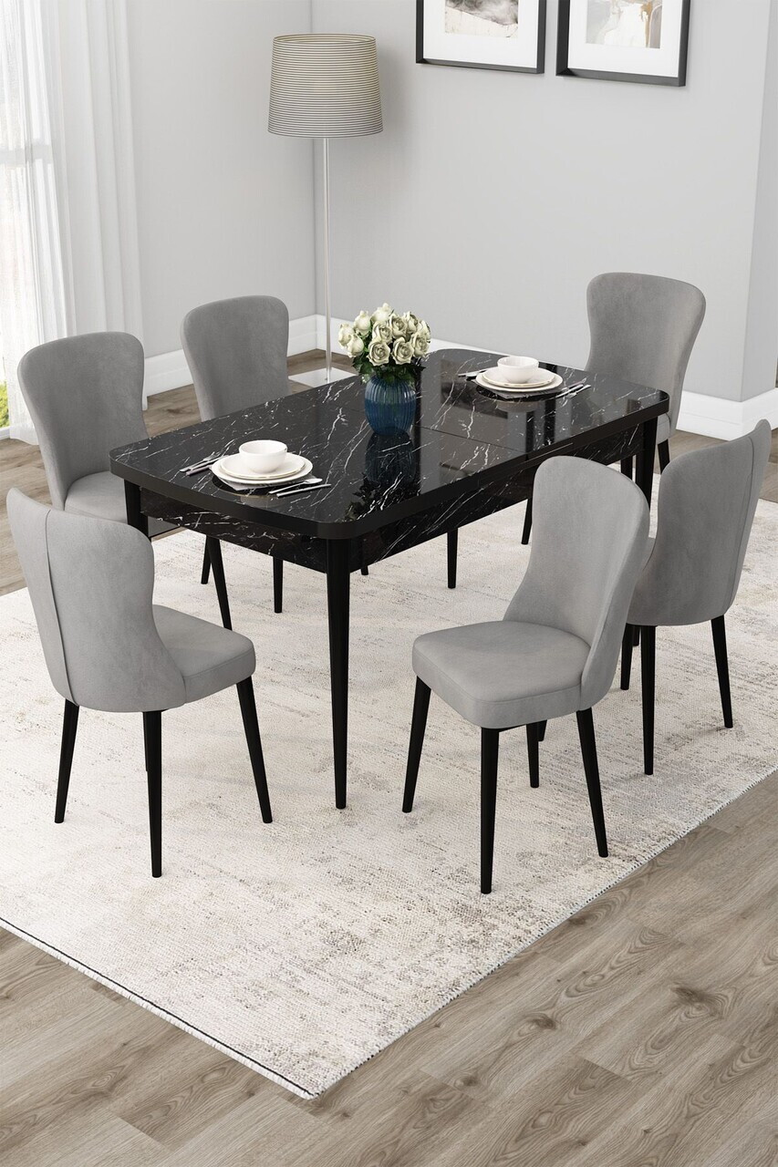 Set masa extensibila si scaune (7 piese), Hanah Home, Due, Model de marmură neagră / Gri