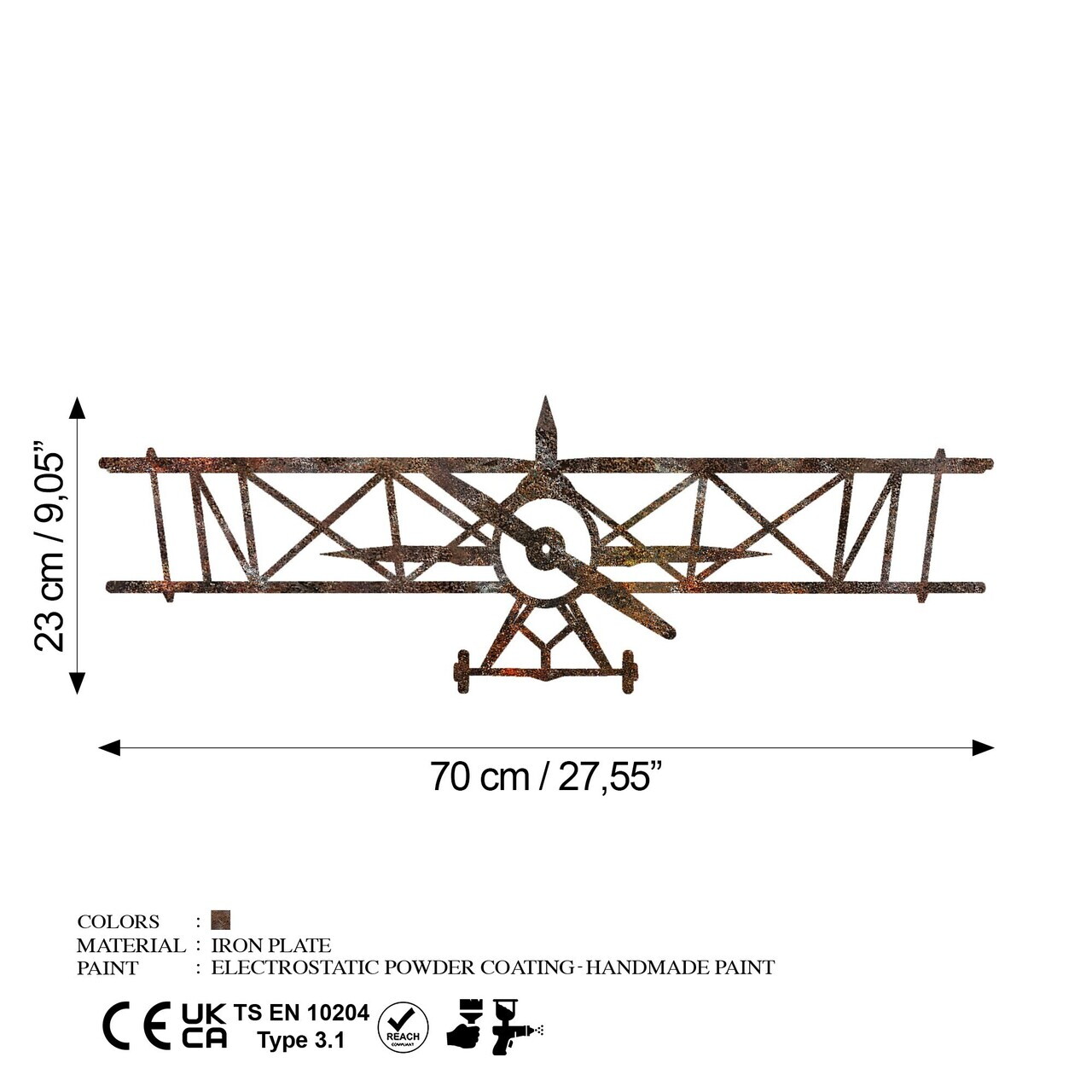 Decoratiune de perete, Rusty Airplane, Dimensiune: 23 x 70 cm, Maro antichizat — imaginea 8