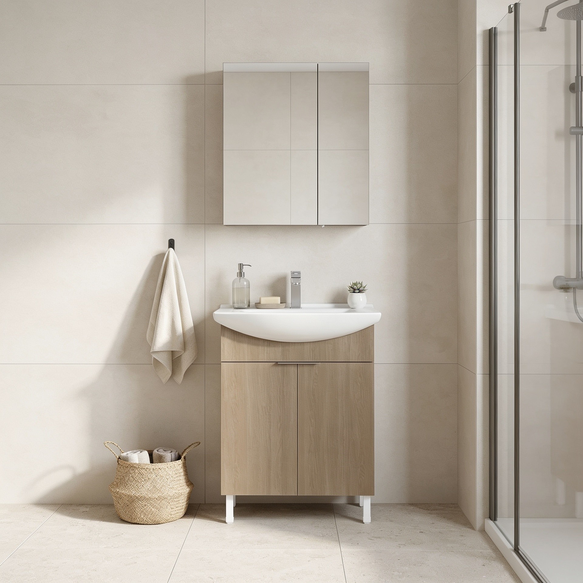 Set Dulap de Baie cu Chiuvetă și Oglindă (2 Piese), Hanah Home, Purus 65, Stejar