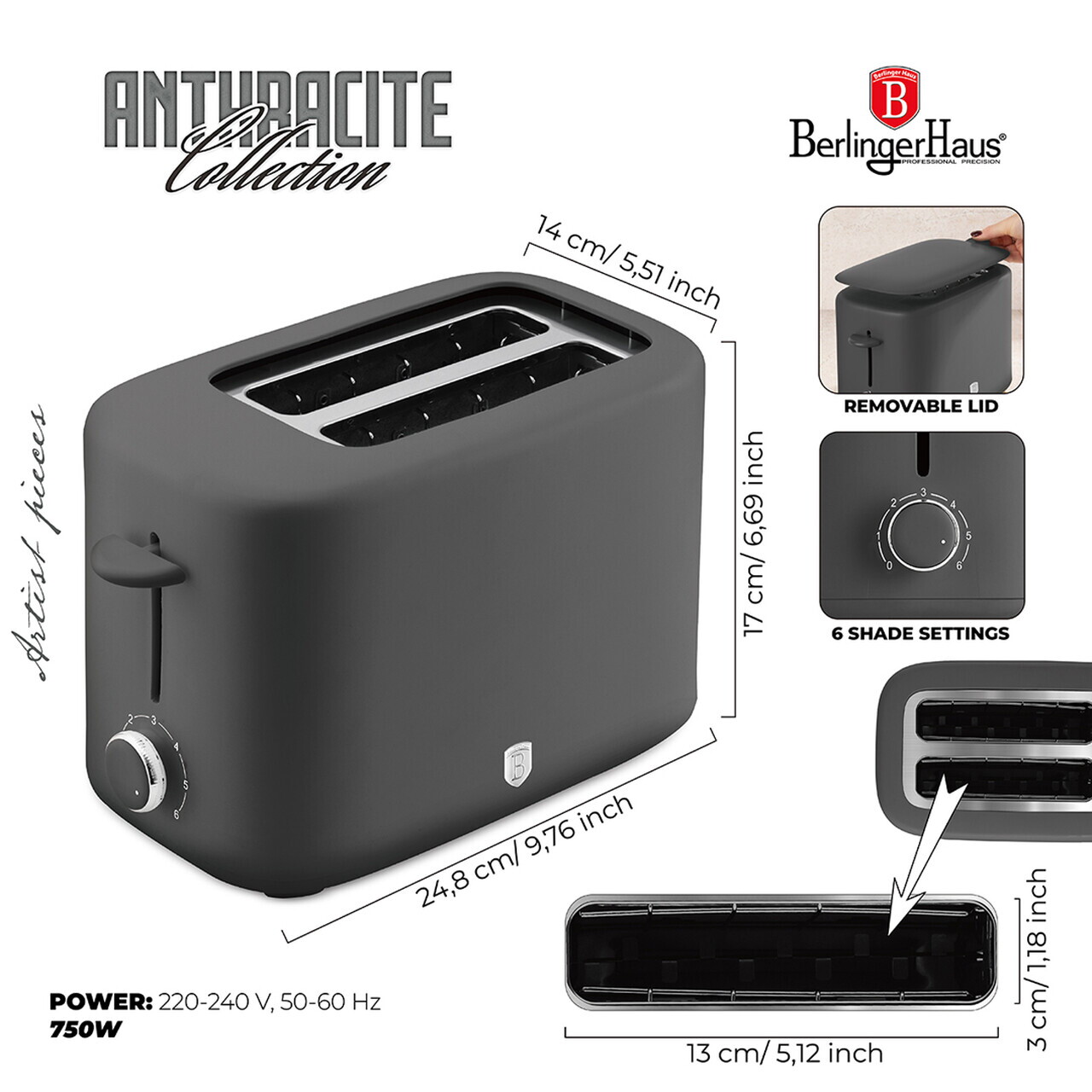 Prajitor de paine cu capac Berlinger Haus, Anthracite, 750W, inox, antracit mat - imagine 8