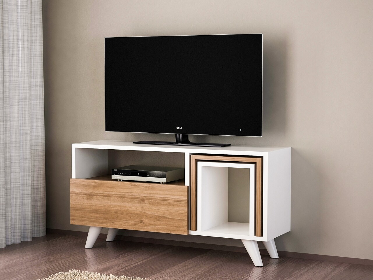 Comoda TV Cu Masuta Novella K2, Furny Home, 90x29.5x51 Cm, Alb/bej