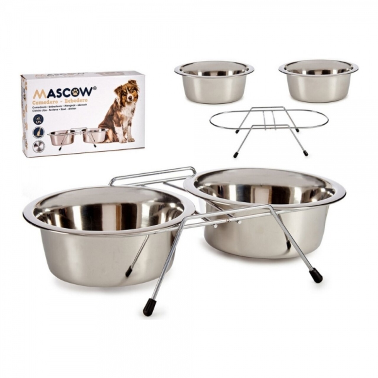 Set 2 boluri pentru hrana animale de companie, Mascow, 2 x 1.7 L, inox, argintiu