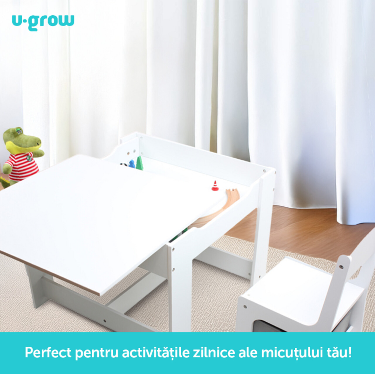 Set birou cu 2 scaune, U-Grow, 61x61x48.3 cm / 28x30x53 cm, MDF, alb