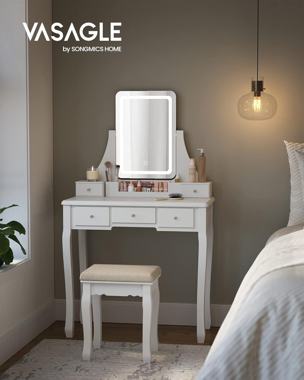 Masa de toaleta cu taburet si oglinda cu LED-uri si rotire 360 / masuta dressing, Vasagle, 80s40s137.5 cm, MDF/lemn de pin/lemn de cauciuc, alb
