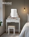 Masa de toaleta cu taburet si oglinda cu LED-uri si rotire 360 / masuta dressing, Vasagle, 80s40s137.5 cm, MDF/lemn de pin/lemn de cauciuc, alb