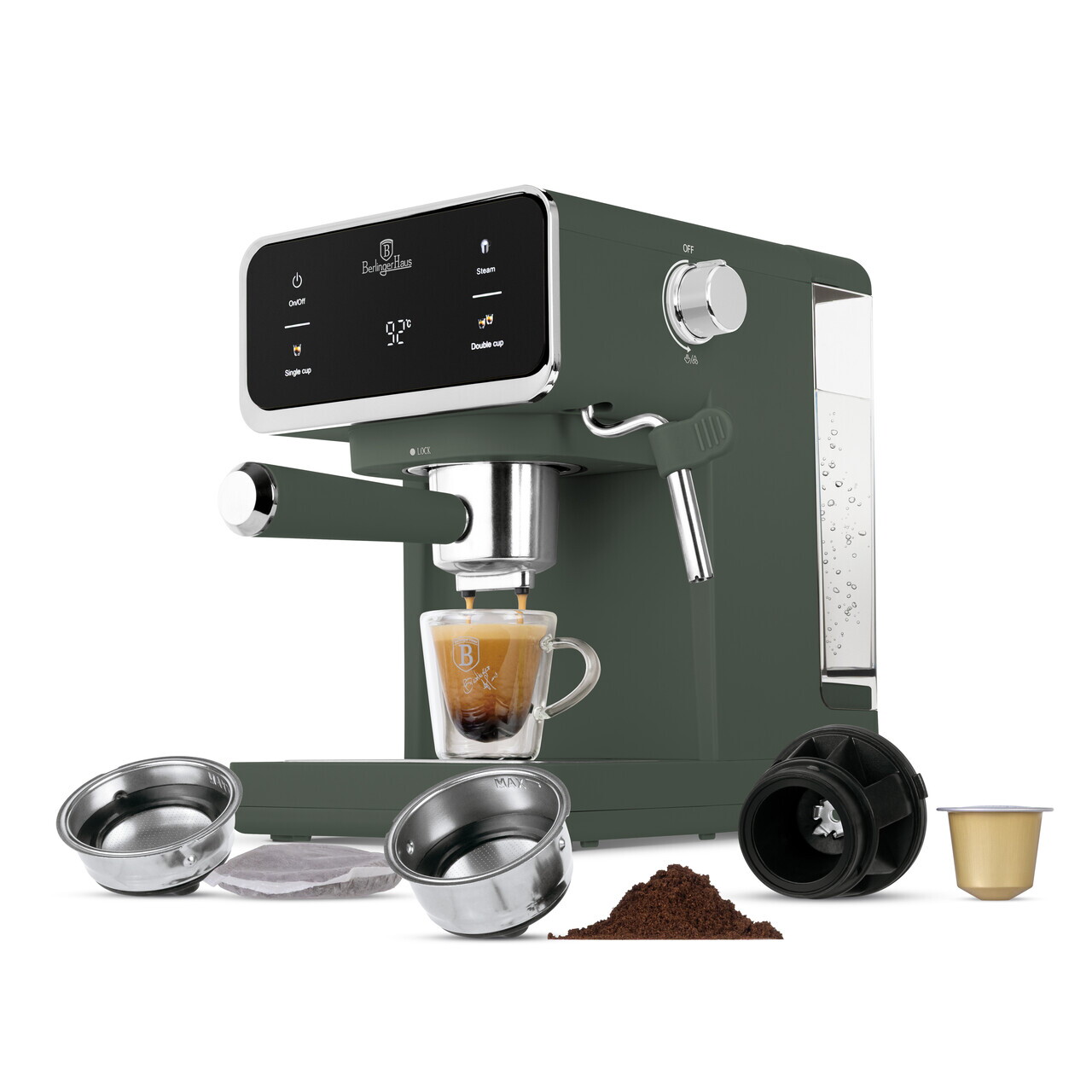 Espressor digital 3 in 1 Berlinger Haus, Matte Green, 950W, 21x25.9x28 cm, inox, verde mat - view 2