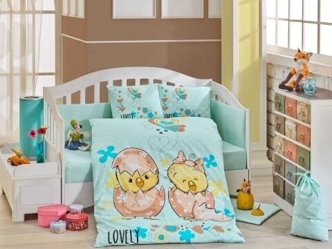 Lenjerie de pat pentru copii Lovely Mint, Hobby, 4 piese, 100 x 150 cm, 100% bumbac poplin, multicolora Hobby