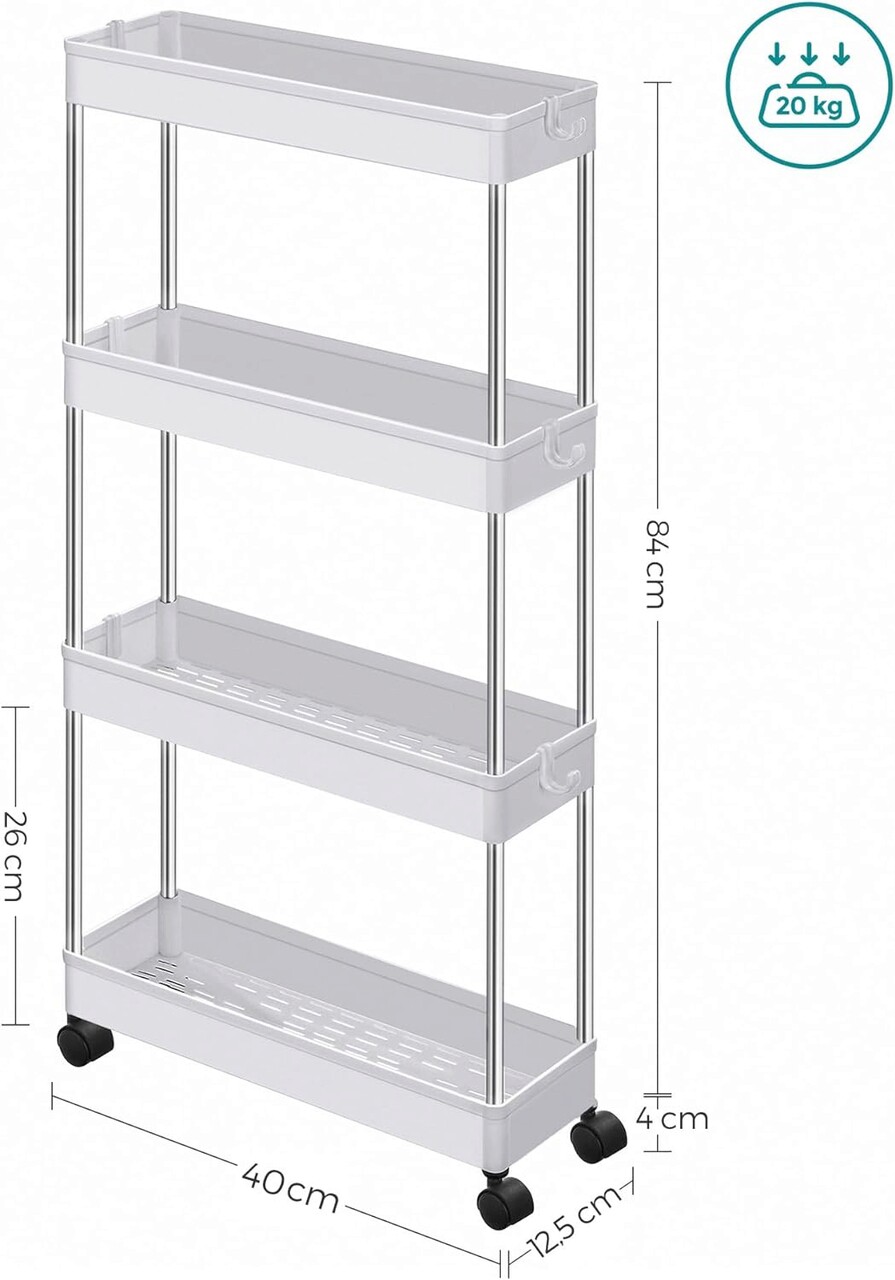 Carucior pentru depozitare Vasagle, 40 x 12.5 x 88 cm, polipropilena/inox, alb