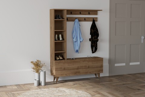 Cuier cu pantofar, Puqa Design, Hale, 120 x 161.8 x 32 cm, pal melaminat, nuc Mobilier hol
