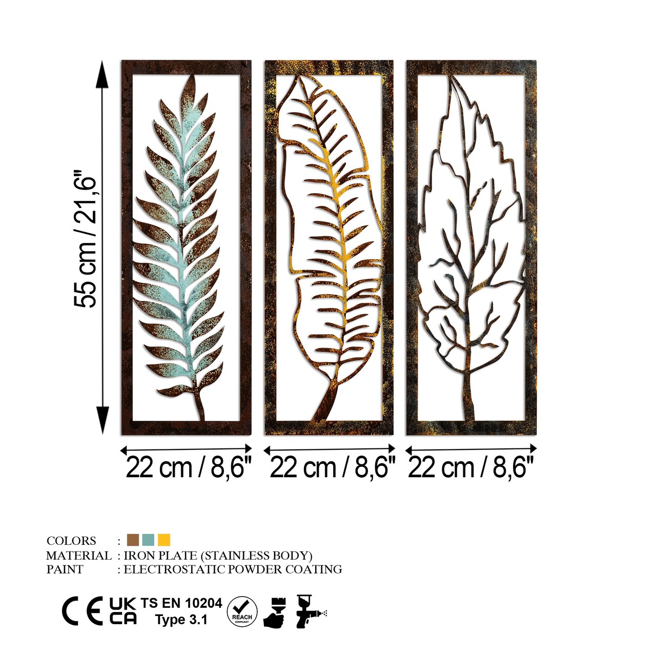 Decoratiune de perete, Leaf 35, Lățime: 55 cm Înălțime: 22 cm Adâncime: 1,5 cm (3 bucăți), Multicolor - view 6