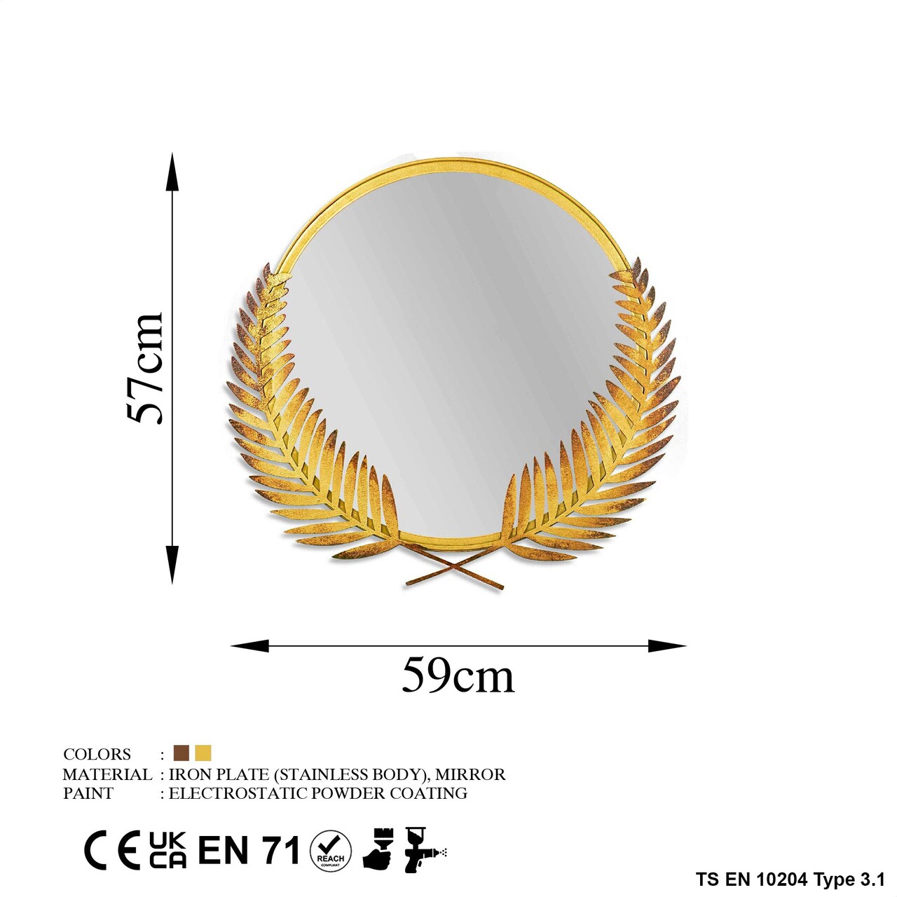Oglinda decorativa, Palm Mirror L, Metal, Dimensiune: 59 x 57 cm, Auriu