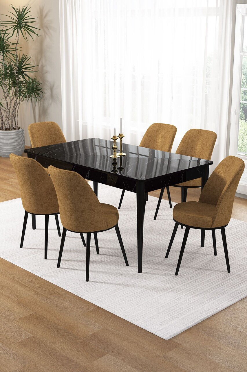 Set masa si scaune (7 piese), Hanah Home, Pir, Model de marmură neagră / Cappuccino