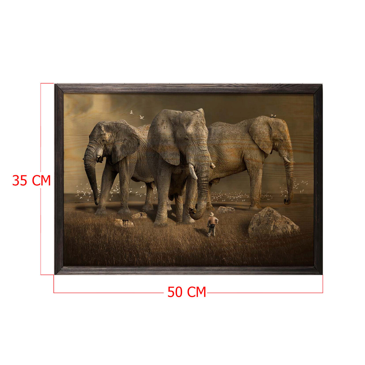 Tablou decorativ, Elephant Horde, Lemn, Lemn, Multicolor