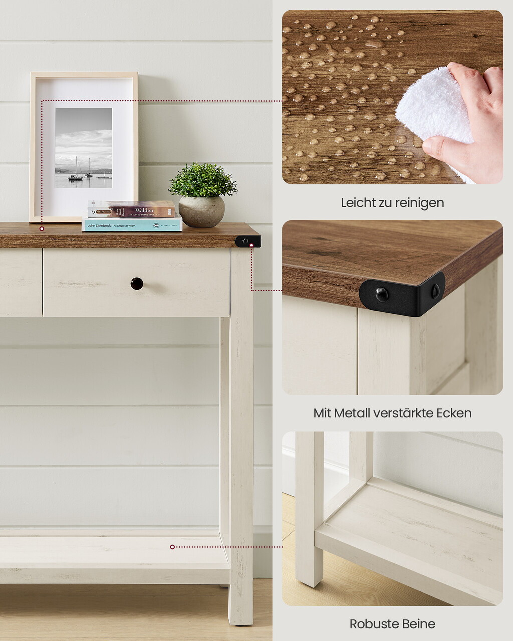 Consola cu 3 sertare si raft, Vasagle, 120x24x76 cm,  MDF/PAL/otel, maro miere/alb vintage - imagine 3