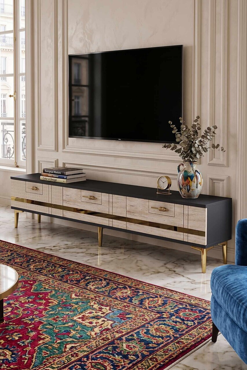 Comoda TV, Hanah Home, Ilay, 180x41x30 cm, Antracit / Travertin / Auriu