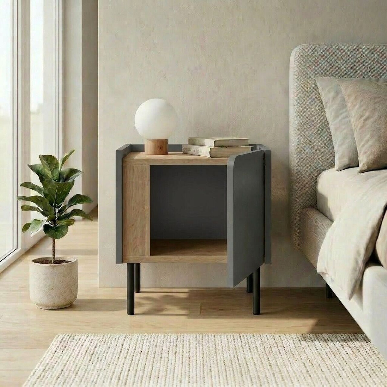 Noptiera, Hanah Home, Lucile, 45.5x47.8x35 cm, PAL, Stejar Sepet / Antracit / Negru — imaginea 3