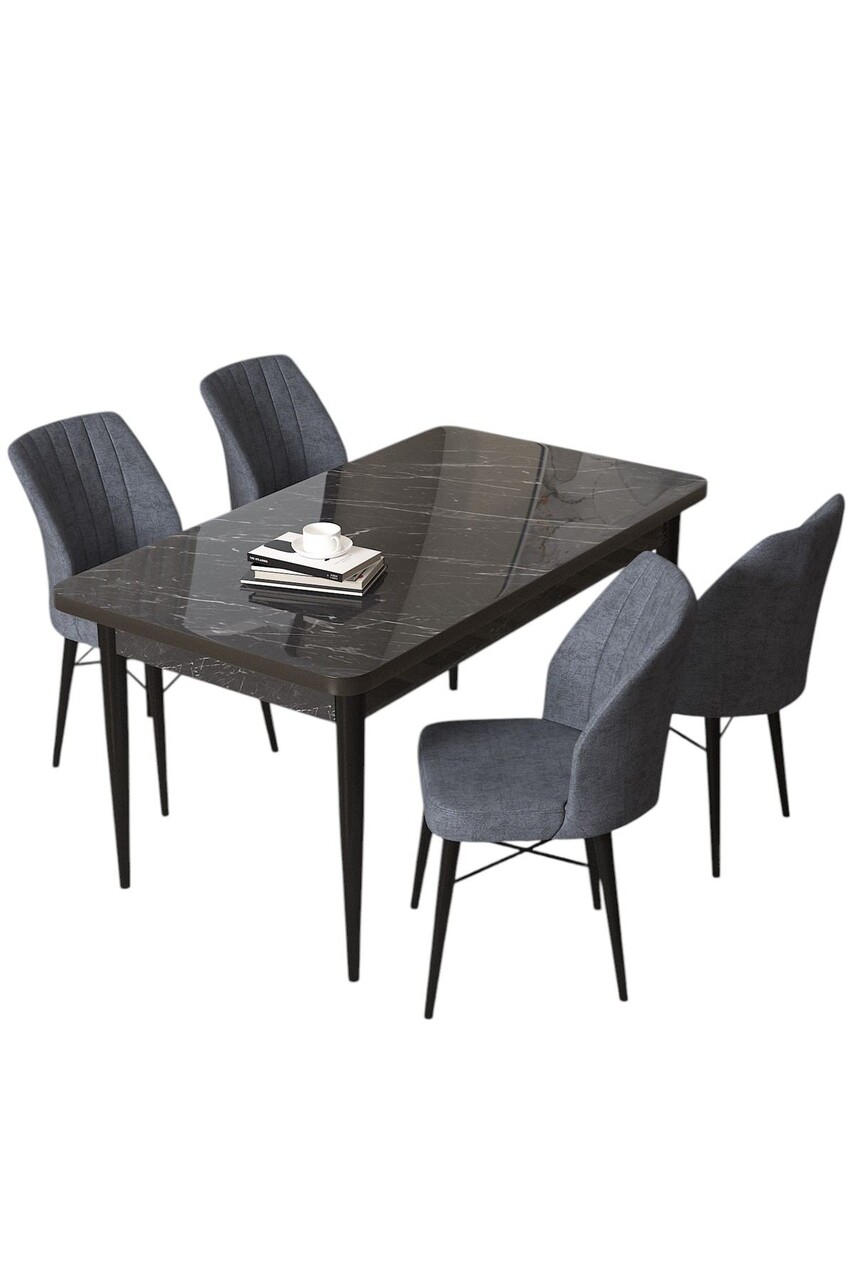 Set masă și scaune (5 bucăți), Hanah Home, Arp, Marmură neagră / Fumure - view 2