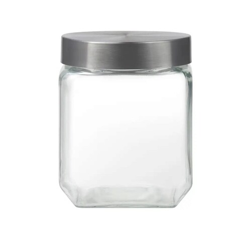 Recipient cu capac milos square, domotti, 11.4 x 14.5 cm, 1.3 l, sticla/inox, transparent/argintiu