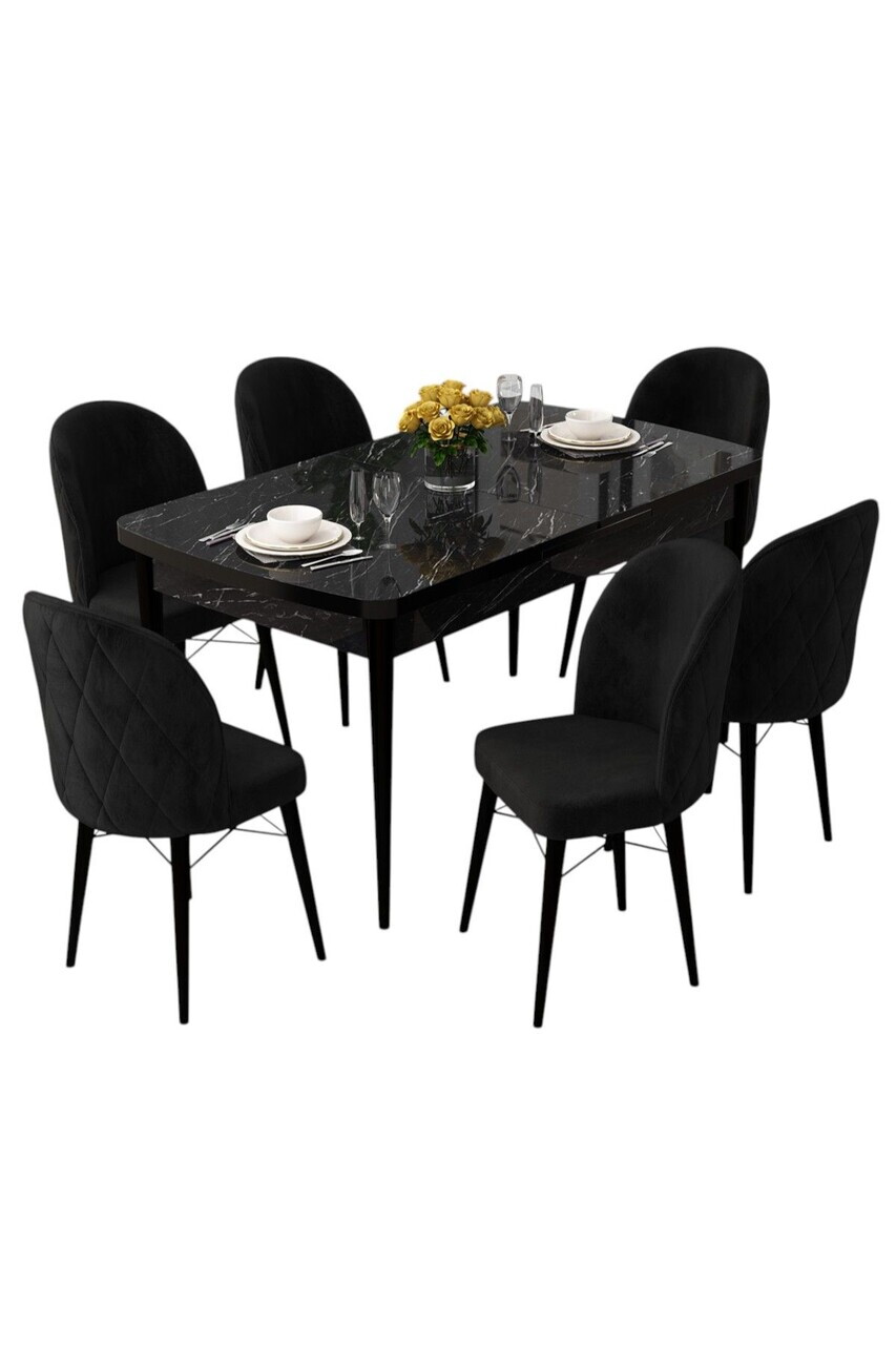 Set masa extensibila si scaune (7 piese), Hanah Home, Rut, Model de marmură neagră / Negru — imaginea 2