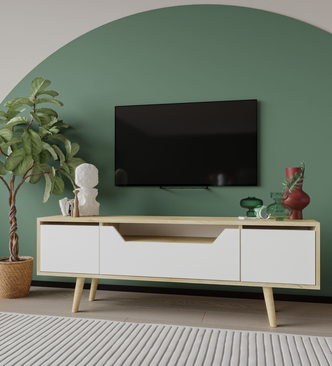 Comoda TV, Hanah Home, Roma 150, 150x53x29.8 cm, PAL, Stejar Safir / Alb - imagine 2