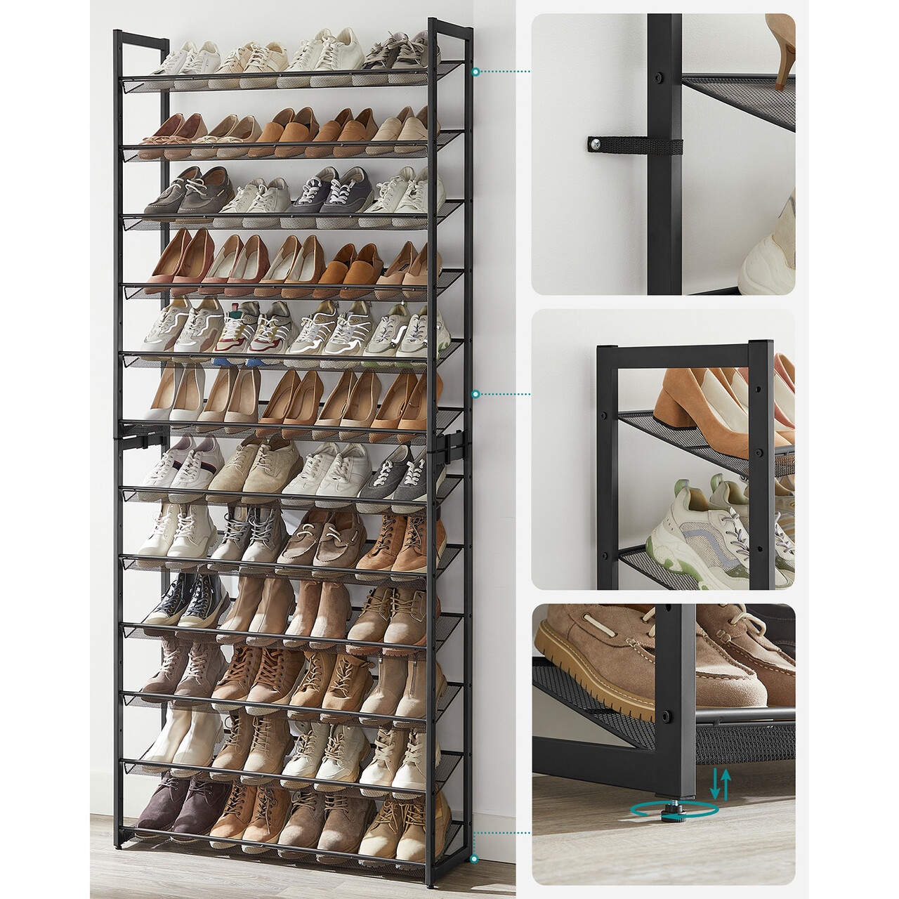 Suport pentru pantofi cu 12 niveluri, Songmics, 48-60 perechi pantofi, design modular, 92.5x30x223 cm, otel, negru