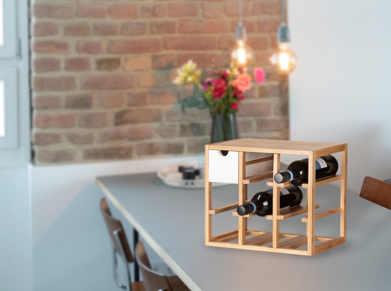 Suport 8 sticle de vin, Wenko, Finja, cu sertar integrat, 24 x 29 x 33.5 cm, bambus/mdf, alb/natur