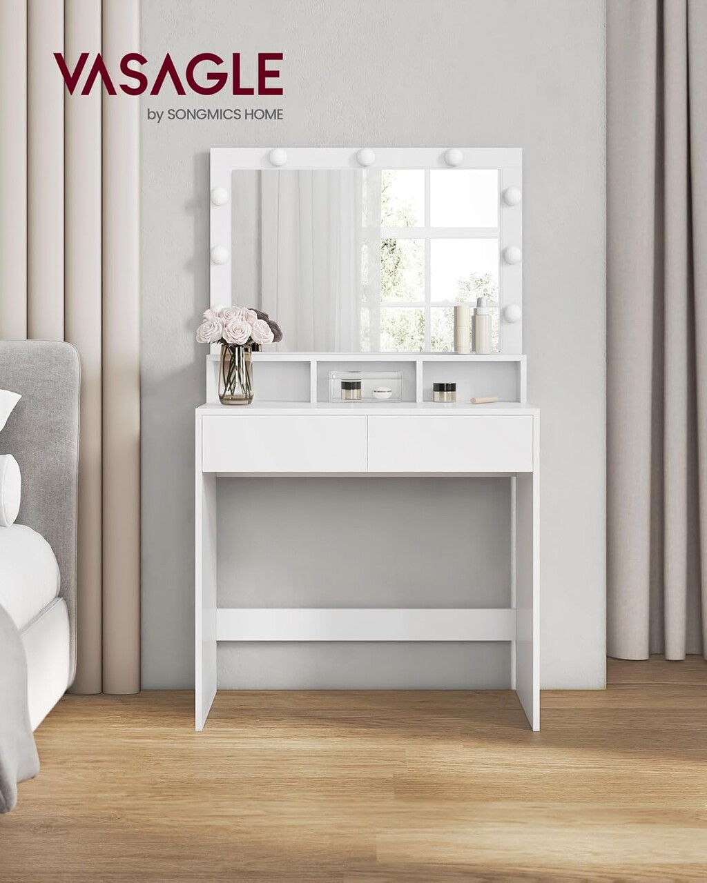 Masa de toaleta cu oglinda cu LED-uri / masuta dressing, Vasagle, 80s40s137.5 cm, MDF, alb - 1 | YEO
